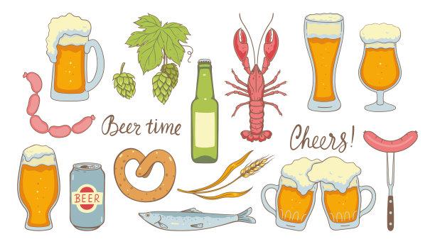 啤酒收集啤酒马克杯，零食隔离在白色背景。矢量图形。图片下载