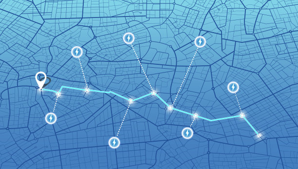 抽象城市规划中位置的确定。位置跟踪仪表板。路径转弯，目的地标签或标记。巨大的城市俯视图。跟踪路径和路线规划。背景矢量图图片下载