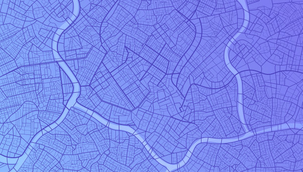 蓝色城市区域，背景地图，街道。天际线城市全景。制图说明。宽屏比例，数字平面设计的街道地图。矢量城市俯视图。从地图上方看图片下载