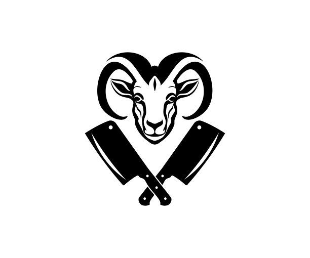 屠宰山羊头。肉店，q -q标志，屠宰店，复古食品标签，徽章，徽章。肉店，屠宰场。肉类业务矢量设计和插图图片下载