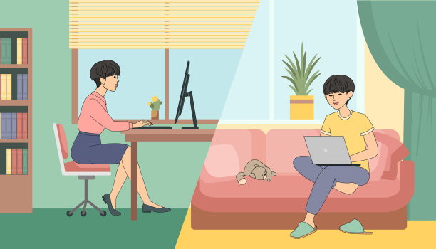 商务亚洲妇女在混合工作坐在桌子之间的办公室和家庭舒适的环境，矢量插图在平面卡通风格图片下载