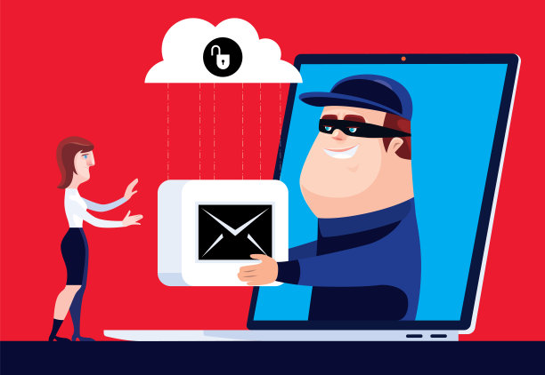 骗子给邮件图标的女人与不安全的云计算通过笔记本电脑图片下载