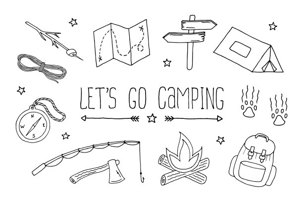 让我们去露营套装。背包画，可编辑的涂鸦插图。徒步旅行图标。白色背景上的黑色物体图片下载
