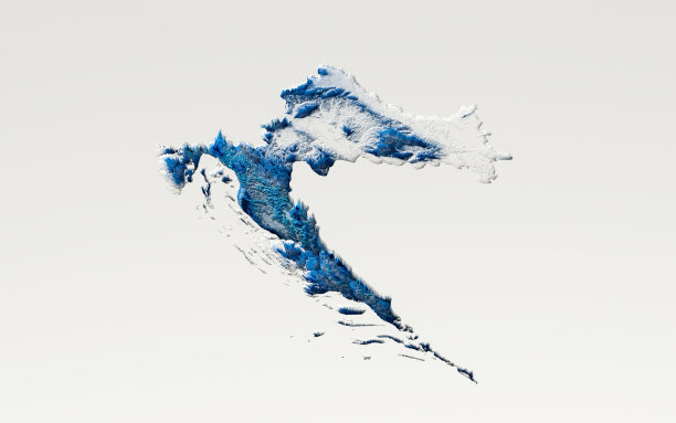 三维深蓝水克罗地亚地图阴影浮雕纹理地图在白色背景三维插图图片下载