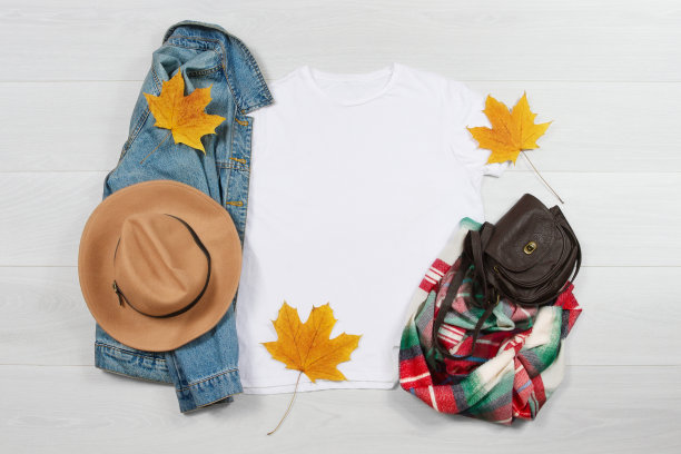 t恤模型。模板空白秋季衬衫顶部视图在白色木制背景。木地板上的秋装夹克。衬衫画布。女人时尚的衣服。今天的样子。女性的配件图片下载