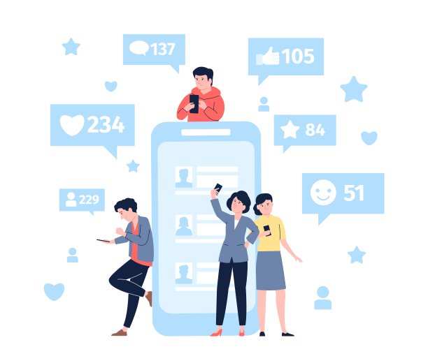 社交媒体成瘾中的点赞、评论和忏悔。评分和评论，人们在网上自拍和写评论，最近的矢量场景图片下载