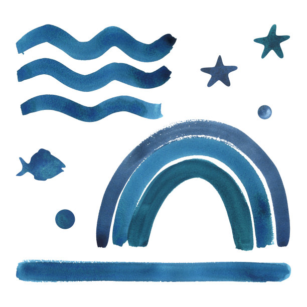 条纹彩虹，星星，鱼，波尔卡圆点和波浪的蓝色和绿松石笔触。以幼稚的风格绘制的水彩插图。白色背景上的一组孤立物体图片下载