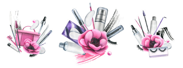 化妆包面霜，刷子和化妆产品粉红色的花朵。水彩插画，手绘，供美容院、化妆品厂家使用。一组孤立的作品在白色。图片下载