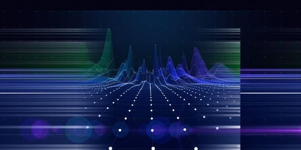 抽象的背景颜色波浪图从虚线指导与模糊的线在黑暗中。技术线框概念数据在虚拟空间。商业、科学和技术数据分析的旗帜。图片下载