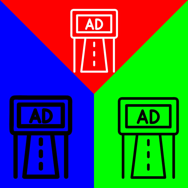 道路矢量图标，轮廓风格的图标，从广告图标收集，隔离在红色，蓝色和绿色的背景。图片下载