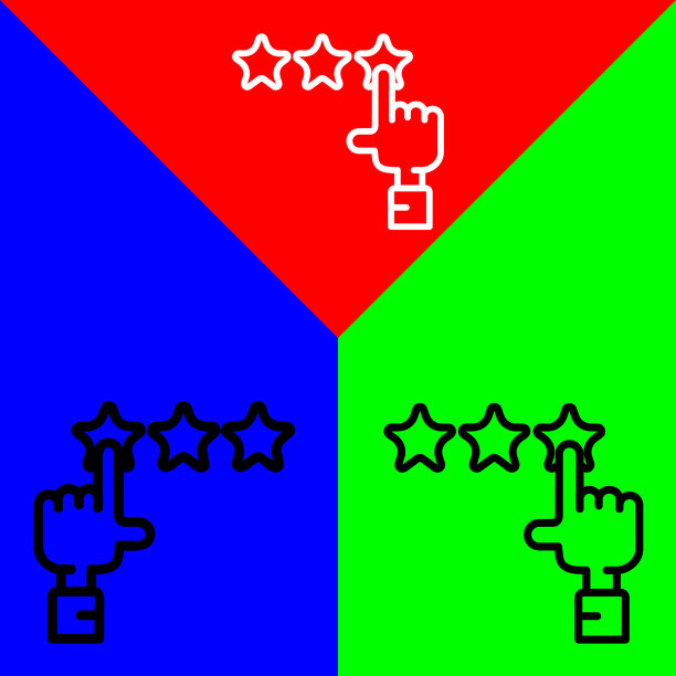 客户评论评级与两星矢量图标。轮廓风格的图标，从广告图标收集，孤立的红色，蓝色和绿色背景。图片下载