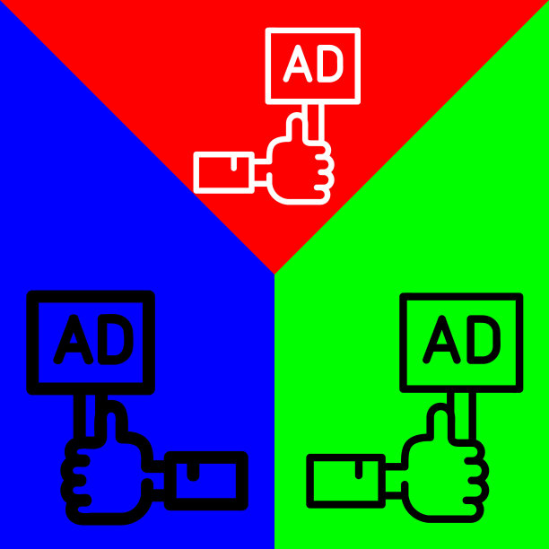 广告矢量图标，轮廓风格的图标，从广告图标收集，隔离在红色，蓝色和绿色的背景。图片下载
