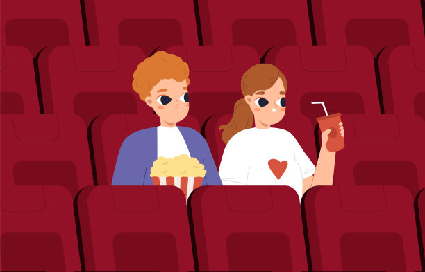 在电影院的情侣，在电影院约会。男孩和女朋友坐在红座位上看电影。人们周末，青少年惬意的娱乐向量场景图片下载