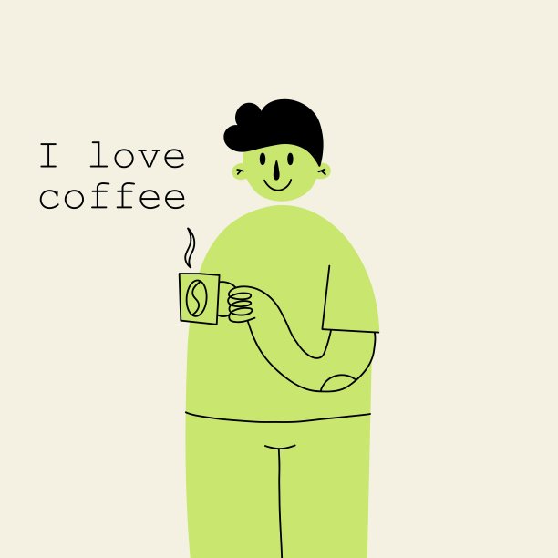 喝咖啡的人。现代色彩简约，卡布奇诺或浓缩咖啡，外卖杯。温暖的饮料爱好者当代卡或海报，社交媒体横幅矢量卡通插图图片下载