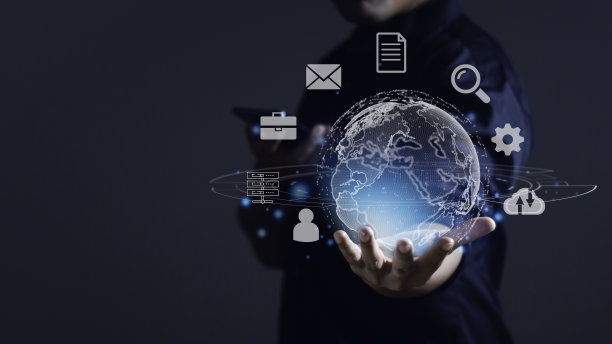 商人使用智能手机并持有虚拟的全球互联网连接虚拟世界。图片下载