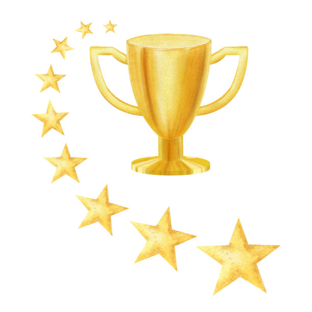 冠军奖杯和金星。冠军金杯。黄色的奖杯给获胜者，第一名，胜利。水彩插图。孤立。用于足球俱乐部，体育用品商店，海报和明信片图片下载