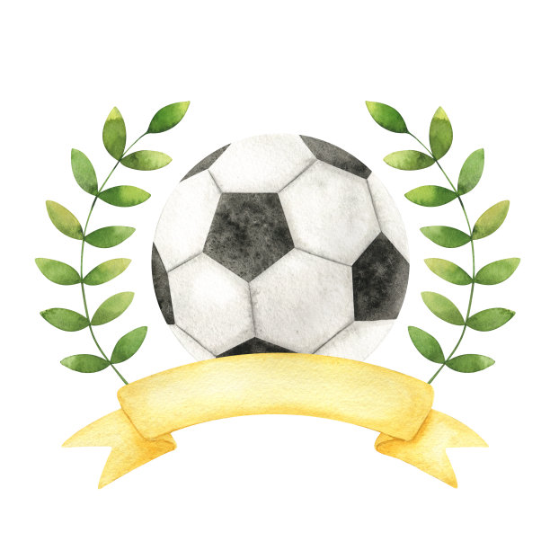 班纳和劳雷尔一起踢足球。足球象征。体育竞赛的属性。水彩插图。孤立。为足球俱乐部、体育用品商店、海报和明信片设计图片下载