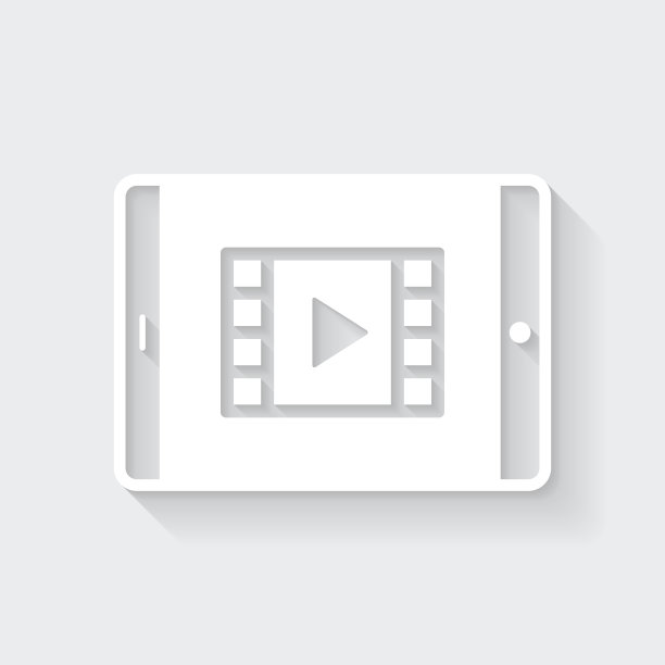 在平板电脑上观看视频。图标与空白背景上的长阴影-平面设计图片下载