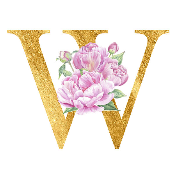 水彩金色英文字母。牡丹属植物蔷薇花枝花束组成。婚礼请柬，婴儿派对，生日贺卡，字母组合，标志。为设计而艺术。白色背景上的字母W图片下载