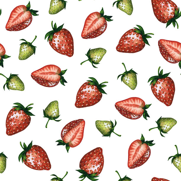 无缝图案与多汁的红色和绿色草莓隔离在白色背景，手绘水彩插图。用于背景，织物和纺织品，明信片，包装。图片下载