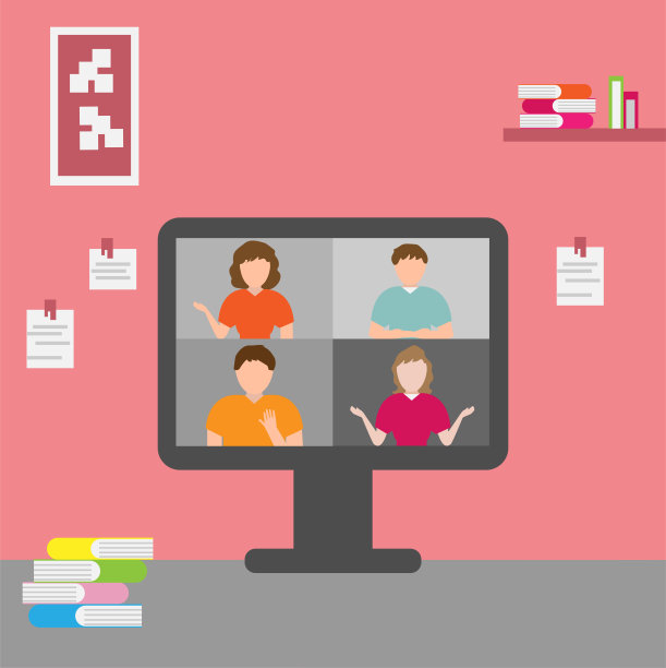 人们在电脑上通过视频会议进行在线会议。图片下载