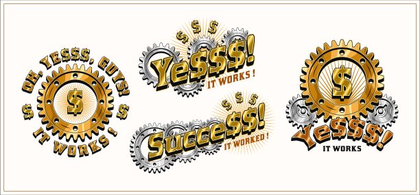 一套彩色标签与齿轮，美元符号，文字图片下载