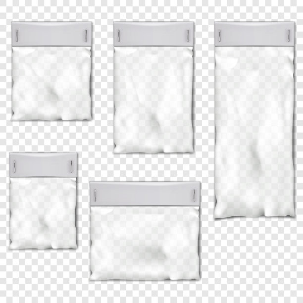 空的透明塑料袋，上面有订书钉的白纸。矢量模型集。透明尼龙包装与标签空间套件模型图片下载