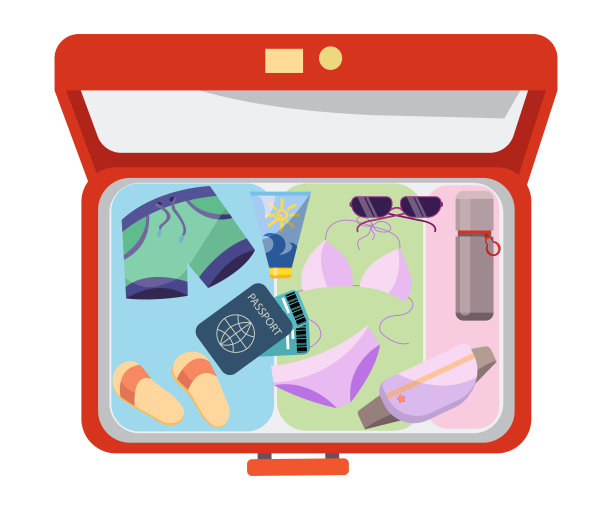 旅行必需品包装在手提箱矢量插图图片下载