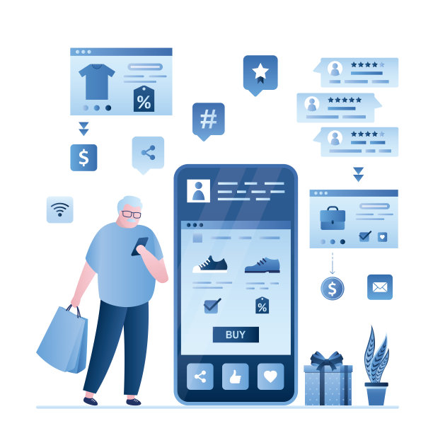 在网上购物，爷爷看时尚商品，在手机上购买。社会沟通，各种证言，客户评论。老人在网上做数字遥控购物。图片下载