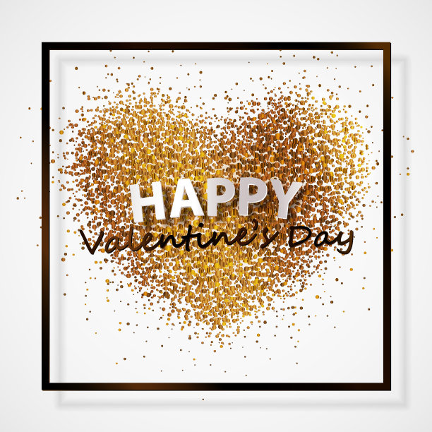 海报与心脏的金色五彩纸屑，闪闪发光，金色闪闪发光和字母情人节快乐在黑色框架，白色背景上的边界。矢量插图。图片下载