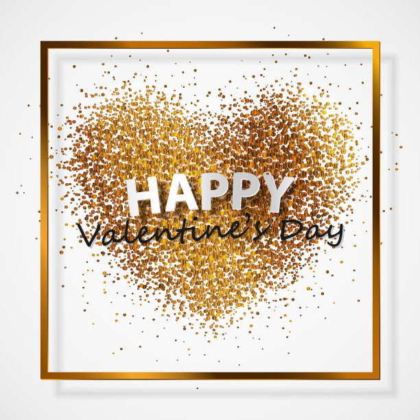 海报与心脏的金色五彩纸屑，闪闪发光，发光和字母情人节快乐在黄金框架，边界在白色背景。矢量插图。图片下载