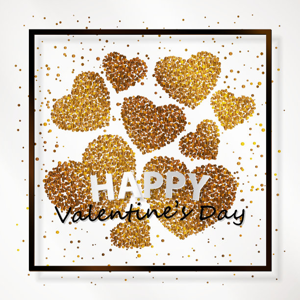 海报与金色五彩纸屑的心，闪闪发光，发光和字母情人节快乐在黑色框架，白色背景上的边界。矢量插图。图片下载