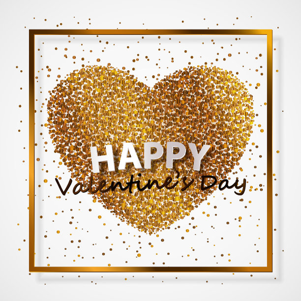 海报与心脏的金色五彩纸屑，闪闪发光，发光和字母情人节快乐在黄金框架，边界在白色背景。矢量插图。图片下载