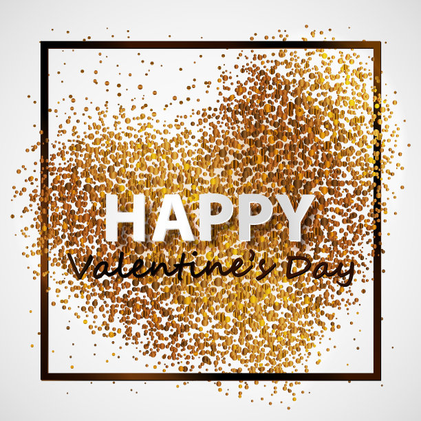 海报与心脏的黄金纸屑，闪闪发光，发光和字母情人节快乐在黑色框架，白色背景上的边界。矢量插图。图片下载