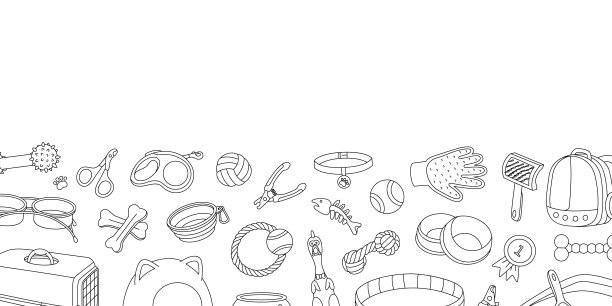 宠物用品横幅。动物配件水平背景。咀嚼玩具，奖章，剪刀，剪子，刷子，去毛器，鱼缸，背包托图片下载