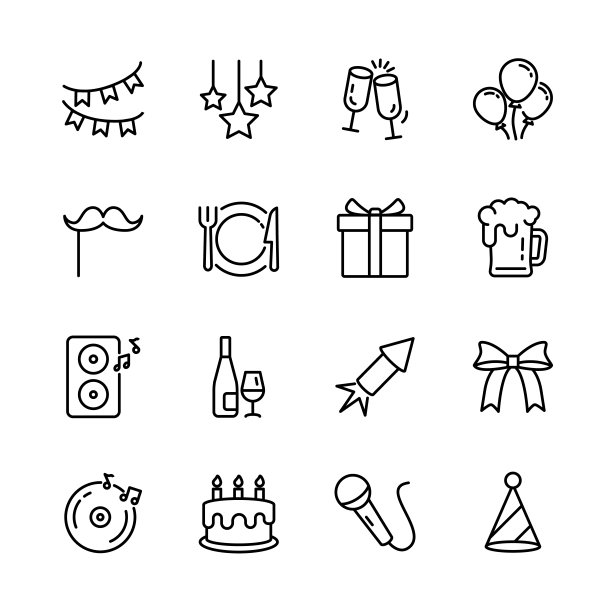 圣诞、新年、喜庆、聚会等图标集细线，音乐、礼品、烟花、彩纸、美食、美酒等。孤立矢量图图片下载