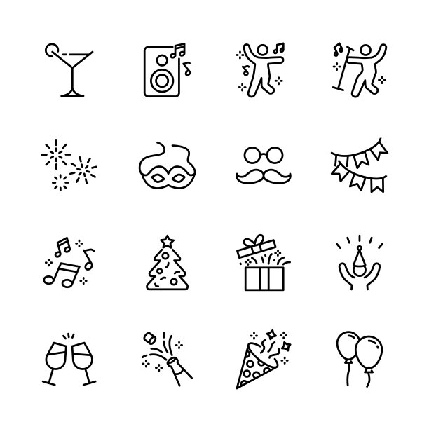 圣诞、新年、喜庆、聚会等图标集细线，音乐、礼品、烟花、彩纸、美食、美酒等。孤立矢量图图片下载
