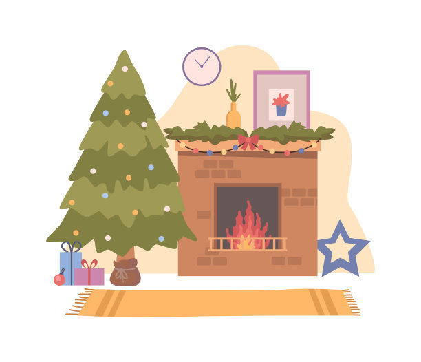 圣诞树与礼物包裹在假日盒子，平面卡通矢量插图。家庭内部装饰着花环和星星的新年树，灯笼和燃烧的蜡烛图片下载