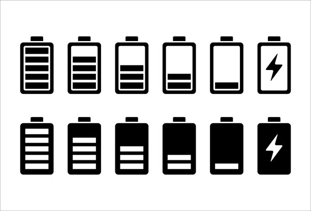 电池图标集。电池电量。充电图标。矢量符号插图在黑色和白色。电池或燃料放电指示图标设置。图片下载