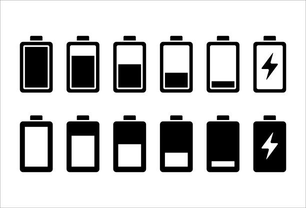 电池图标集。电池电量。充电图标。矢量符号插图在黑色和白色。电池或燃料放电指示图标设置。图片下载