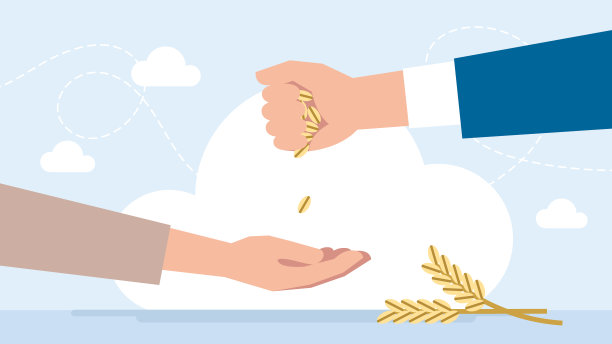 贪婪，贪婪的概念。一个商人拿着一把谷物，吝啬地捐了一笔钱。一个乞丐要食物。平的插图图片下载