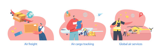 独立的字符执行航空货物交付，用飞机运输货物。快速高效的运输图片下载