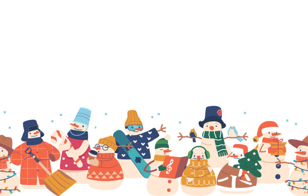 无缝图案与可爱的雪人。水平边框或框架与有趣的人物喝咖啡，拿着滑雪板图片下载