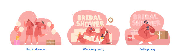 孤立的元素与女性角色庆祝新娘送礼会。为准新娘准备的礼物庆祝活动图片下载