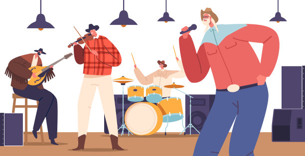 乡村音乐家在舞台上散发着原始的情感，弹奏吉他和低声吟唱衷心的歌词，矢量插图图片下载