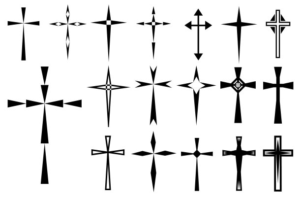 装饰十字架宗教天主教的象征，基督教的十字架。东正教教堂十字图标设计，孤立扁平设置。矢量插图。图片下载