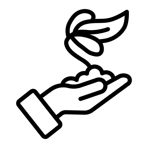 年轻的植物手持地面线条图标，园艺概念，花苗在白色背景上的手持标志，人的手掌在移动轮廓中握住发芽。矢量图形。图片下载