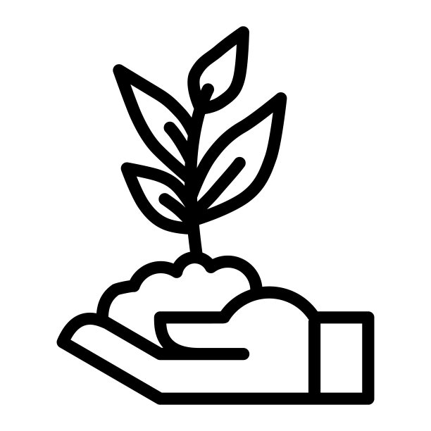 人手捧苗用叶线图标，农业概念，嫩芽用手捧土在白色背景上的标志，棕榈植物图标轮廓风格。矢量图形。图片下载