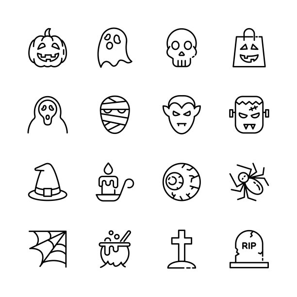 万圣节事件细线图标集，恐怖的例子标志，南瓜，鬼，骷髅，不给糖就捣蛋。矢量图图片下载