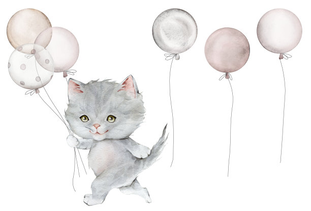 还有毛茸茸的小灰猫和气球。水彩手绘。在白色背景上孤立的苏格兰折耳。发现了猫。宠物卡通的孩子，海报，贴纸，纺织品。图片下载
